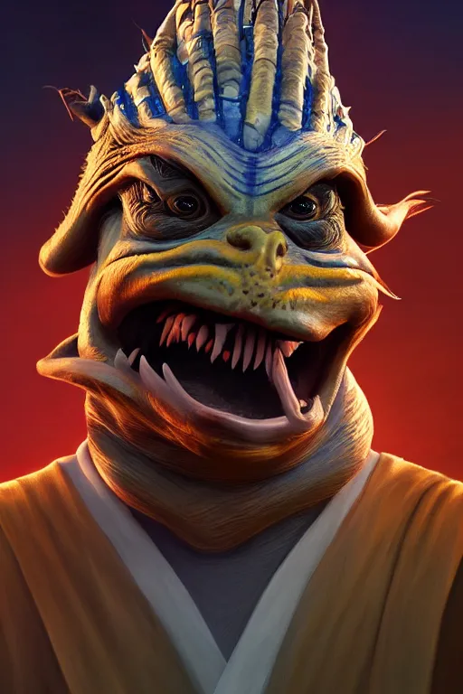 Image similar to Donald Trump as a Gungan from Star Wars, Naboo, realistic portrait, symmetrical, highly detailed, digital painting, artstation, concept art, smooth, sharp focus, cinematic lighting, art by Ralph McQuarry
