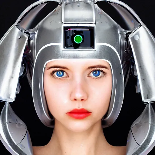 Image similar to cute young woman with robot ears and eyes, 4k, sharp focus, René Laloux