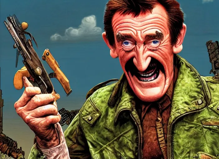 Prompt: barry chuckle conquering the wasteland, artwork by richard corben, 3 d, high resolution 8 k