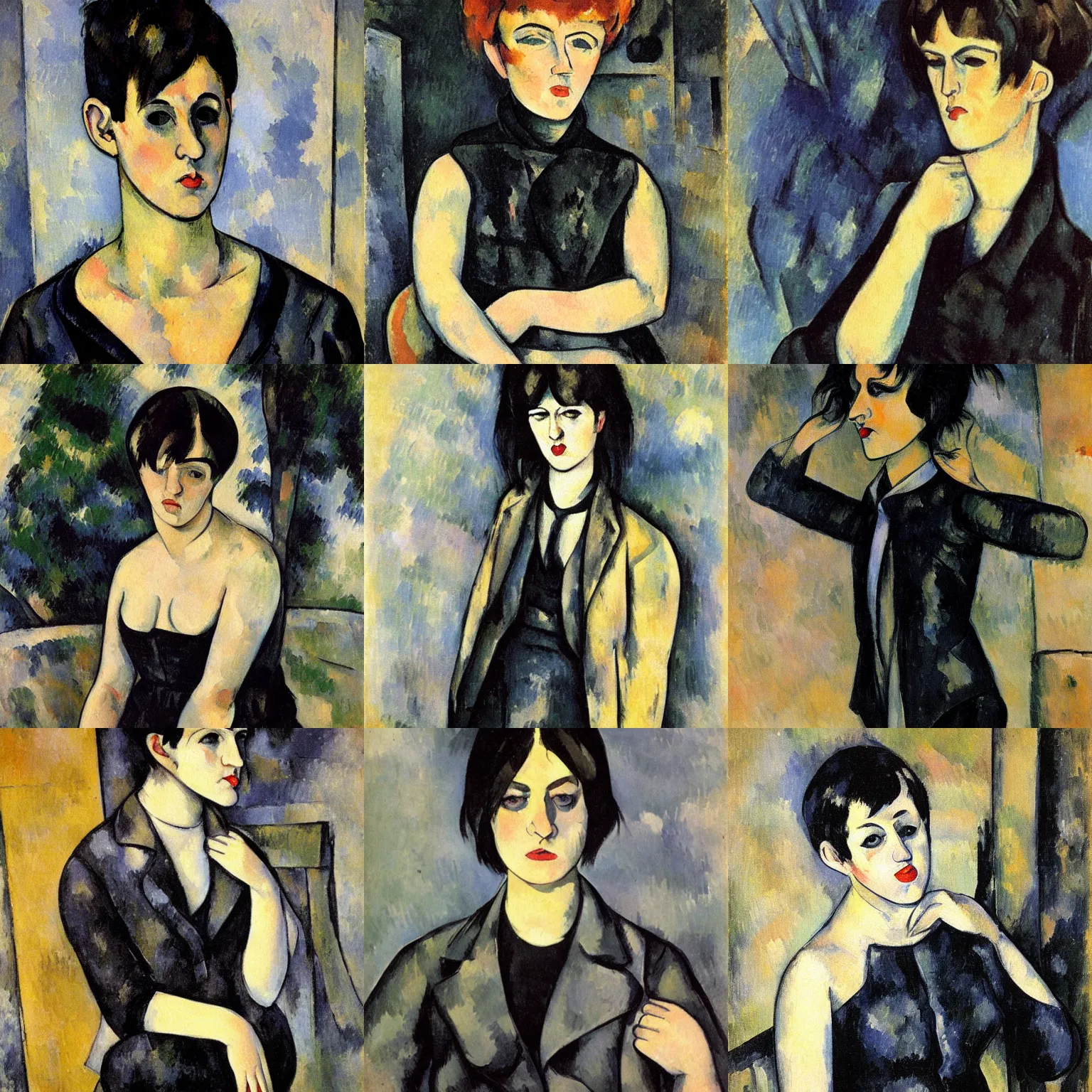 Prompt: an androgynous emo painted by paul cezanne. her hair is dark brown and cut into a short, messy pixie cut. she has large entirely - black evil eyes. she is wearing a black tank top, a black leather jacket, a black knee - length skirt, a black choker, and black leather boots.