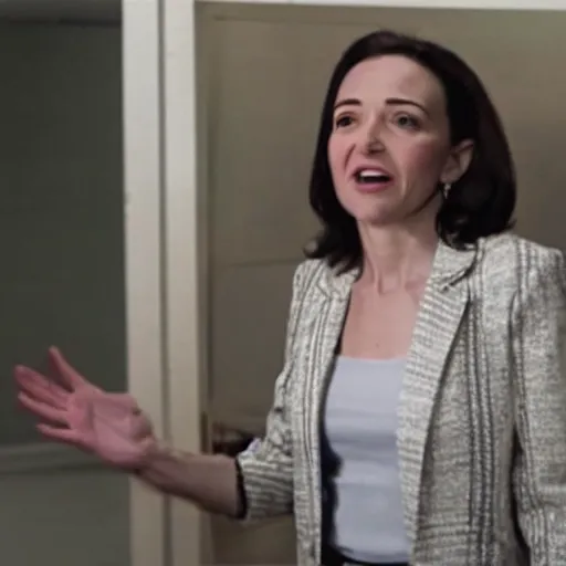 Prompt: Movie still of Sheryl Sandberg campaigning for Trump in The Doomsday Machine, directed by Steven Spielberg