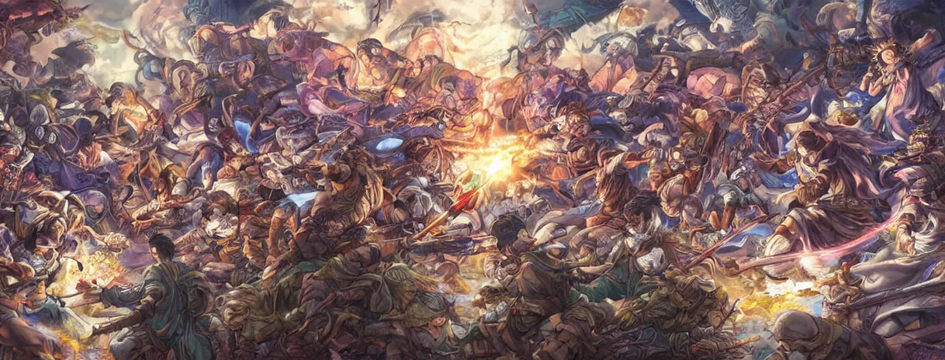 Prompt: spirit souls fighting on a battlefield to the death beams. hyperrealistic anime background illustration by kim jung gi, colorful, extremely detailed intricate linework, smooth, super sharp focus, bright colors, high contrast, matte, octopath traveler, unreal engine 5 highly rendered, global illumination, radiant light