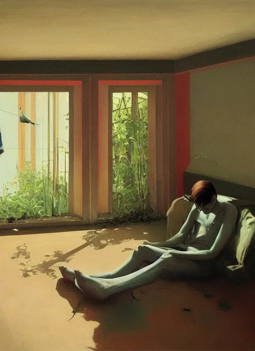 Image similar to time does not exist anymore by edward hopper and james gilleard, zdzislaw beksinski, overgrown vegetation, open ceiling, highly detailed, painted by francis bacon, painted by james gilleard, airbrush, ilya kuvshinov, wlop, stanley artgerm, very coherent, art by takato yamamoto and james jean