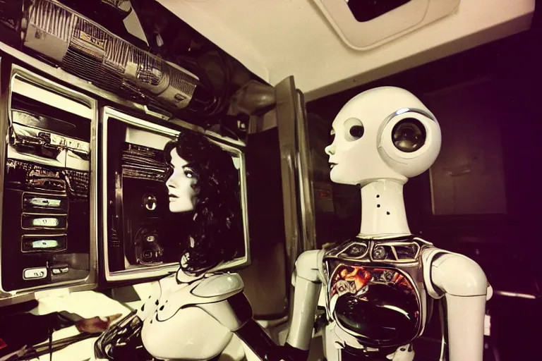 Prompt: beautiful woman robot sitting inside of a galaxy fridge, from 1985, bathed in the glow of a crt television, crt screens in background, low-light photograph, in style of chrome hearts