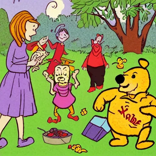 Image similar to illustration of zombie picnic in the style of Winnie the Pooh A. A. Milne