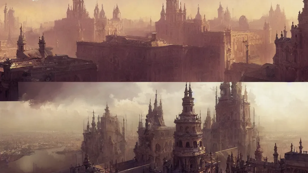 Image similar to sevilla city of spain, reflexions, cyberpunk, verry high details by william turner art, greg rutkowski and alphonse mucha, trending on artstation, very very detailed, masterpiece,