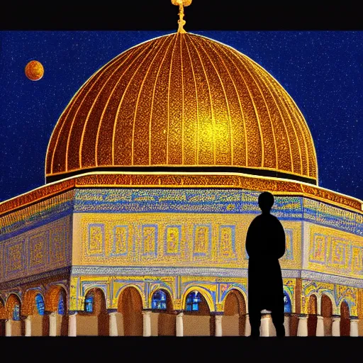 Image similar to a beautiful oil painting flyer design illustration of dome of the rock jerusalem and a silhouette of muslim is praying to god in front of it, intricate, elegant, glowing lights, highly detailed, digital painting, artstation, concept art, smooth, sharp focus, illustration, flat background