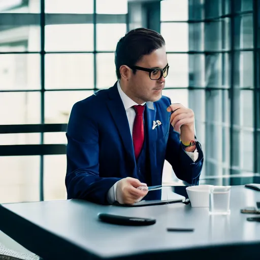 Prompt: Suit Cat in a Suit with smug face and in a Business Suit with his paws on the table is discussing about politics, 40nm lens, shallow depth of field, split lighting, 4k,