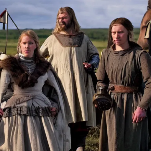 Prompt: scene from a 2 0 1 0 film set in medieval scandinavia showing a woman pilot