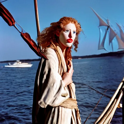 Prompt: a beautiful english woman with a long face narrow nose pale skin blue eyes red lips and wild messy tangles of curly white blonde hair leaning over the side of a sailing ship and throwing up, high resolution film still wearing a black robe and skull necklace and holding a spear, sandy, a journey to the west