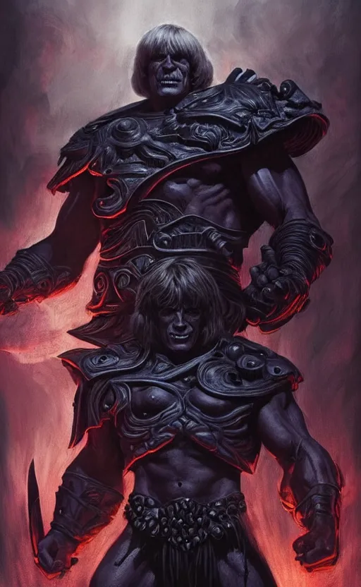 Image similar to uncut full boydy of he - man, dark and mysterious and eerie and ominous character, cinematic, epic, highly detailed, intricate, illustration, artwork by marcus whinney and greg rutkowski