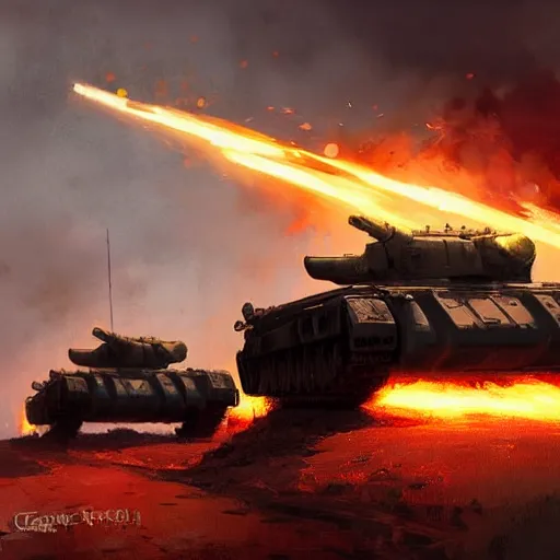 Image similar to Russian tanks are charging fire by Greg Rutkowski