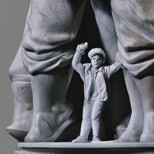 Prompt: marble statue of back to the future with Marty McFly, hyperdetailed photo, 8k