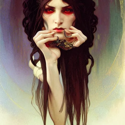 Image similar to Portrait of a pretty half-elf half-vampire young woman. Her hair has black strands and white strands. Red irises and vertical pupils. Art by Greg Rutkowski and Alphonse Mucha