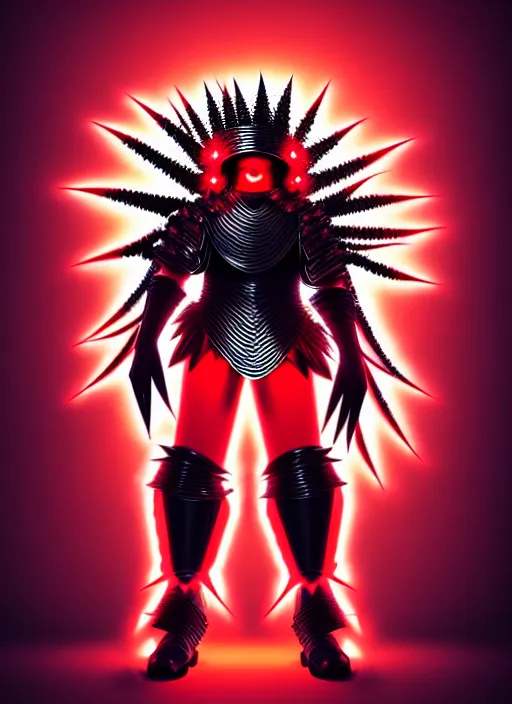 Image similar to a striking cinematic full body manga portrait of a long black haired teenager wearing imposing red jagged spiked plate armour and glowing with red energy by hirohiko araki and beeple, fine details, digital art, character concept art, volumetric lighting, cinematic light, photorealistic