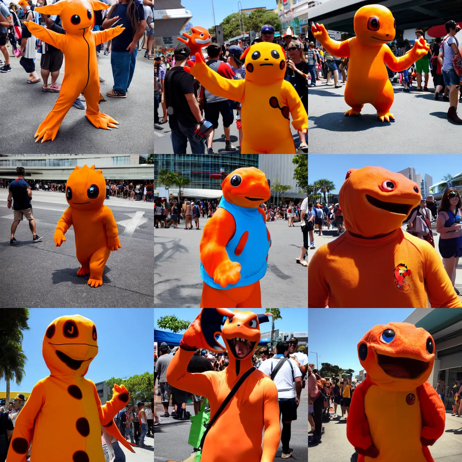 Prompt: a man dressed in charmander cosplay in comic - con, midday, direct sunlight, casual photography