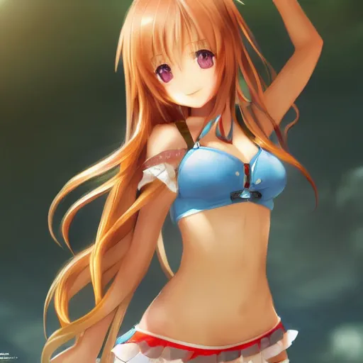 Image similar to a very beautiful young yuuki asuna, full body, long wavy blond hair, sky blue eyes, full round face,, bikini, miniskirt, front view, mid - shot, highly detailed, cinematic wallpaper by stanley artgerm lau