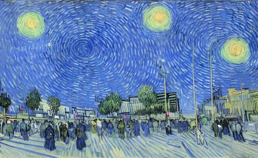 Image similar to people with posters attacking cops, a huge blue spiral - shaped white luminous attractor is floating on the horizon near the sun, stores in los angeles with light screens all over the street, concept art, art for the game, professional lighting, dark night lighting from streetlights, by van gogh