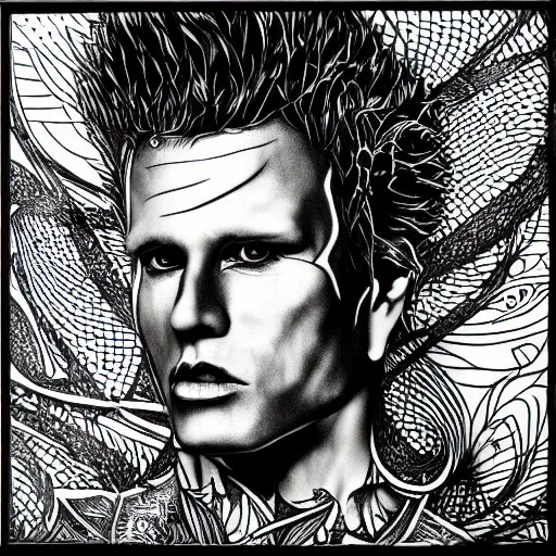 Image similar to Billy Idol, high detail, photorealistic, intricate line drawings, dotart, album art in the style of James Jean
