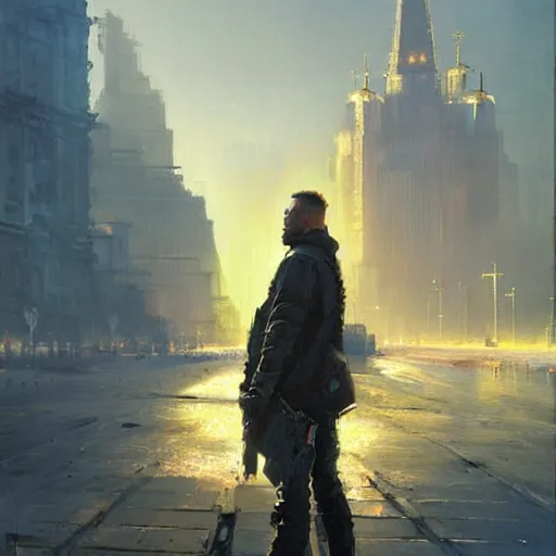 Image similar to moscow in future, kiber punk, greg rutkowski, oil, sun on zenith