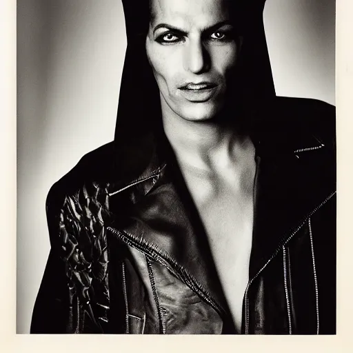 Image similar to A pharaoh wearing a leather jacket, portrait, by Derek Ridgers, Richard Avedon, Mario Testino