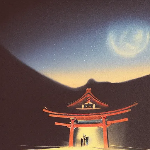 Image similar to Japanese Torii in a moutain ,night , by Grzegorz Rutkowski, concept art