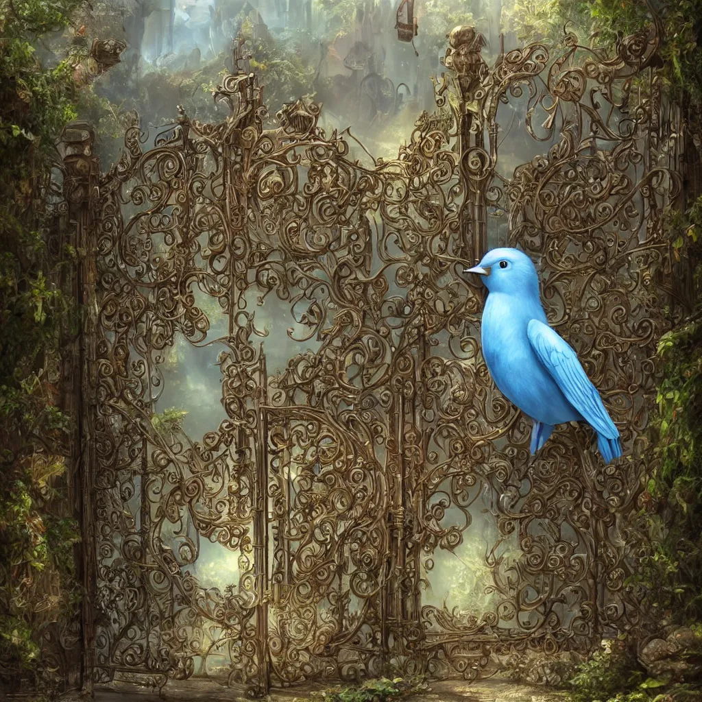 Prompt: the twitter bird standing aggressively in front of a gate to a whimsical garden and nobody is allowed inside the gate, wide view, concept art, intricate details, highly detailed, award winning, dramatic lighting, intricate details, cg, artstation