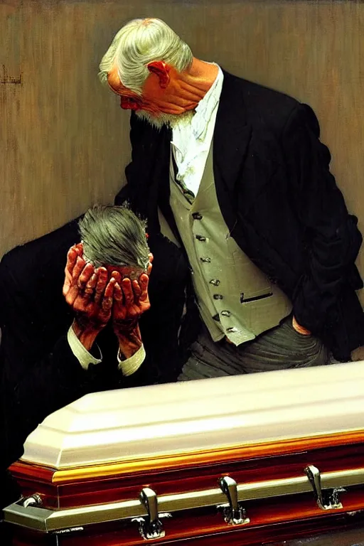 Prompt: a sad man mourning over a casket by sydney prior hall and alfred stevens and sherree valentine daines and norman rockwell, casket, highly detailed, deep shadows, accurate face, hyperrealism