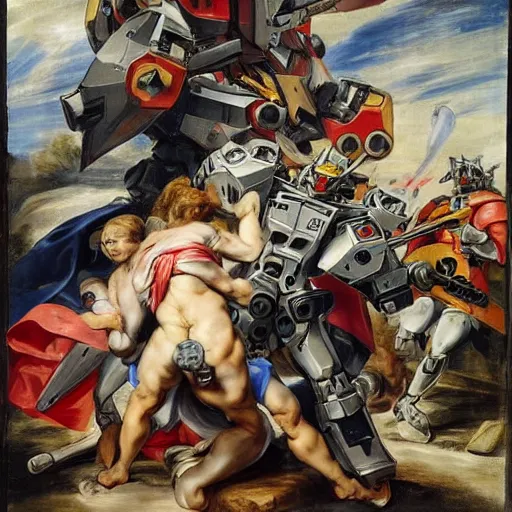 Image similar to peter paul rubens as consequences of wars with mecha gundam invited, random content position, delete duplicate content, photorealistic details content, incrinate, masterpiece, ultra detailed human anatomy structures.