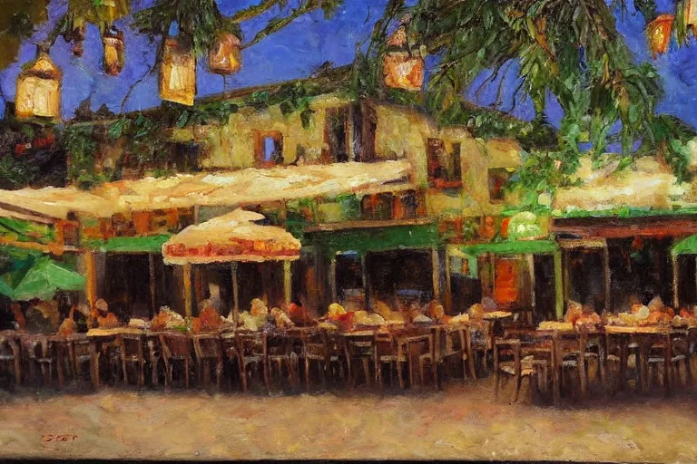 Prompt: italian restaurant on the beach, dappled light, scott christensen