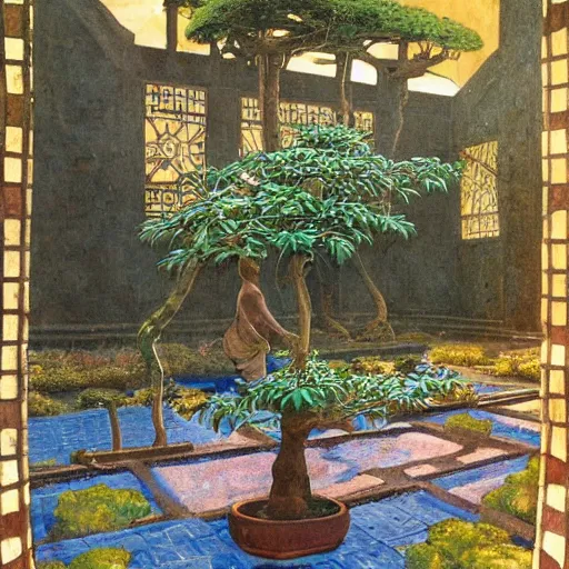 Image similar to Old African gardener cutting bonsai trees, isyllic Garden, by Annie Swynnerton and Nicholas Roerich and jean delville, glowing paper lanterns, strong dramatic cinematic lighting , ornate tiled architecture, lost civilizations, smooth, sharp focus, extremely detailed