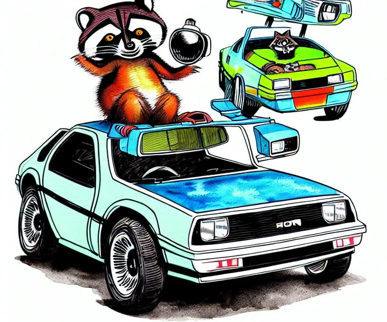 Prompt: cute and funny, racoon wearing a helmet riding in a tiny hot rod delorean with oversized engine, ratfink style by ed roth, centered award winning watercolor pen illustration, isometric illustration by chihiro iwasaki, edited by range murata