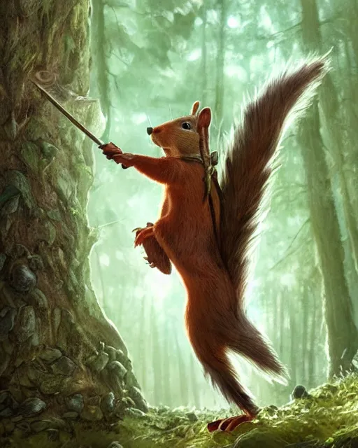 Prompt: Squirrel/Robin hood, forest background, magic the gathering artwork, D&D, fantasy, cinematic lighting, centered, symmetrical, highly detailed, digital painting, artstation, concept art, smooth, sharp focus, illustration, volumetric lighting, epic Composition, 8k, art by Akihiko Yoshida and Greg Rutkowski and Craig Mullins, oil painting, cgsociety