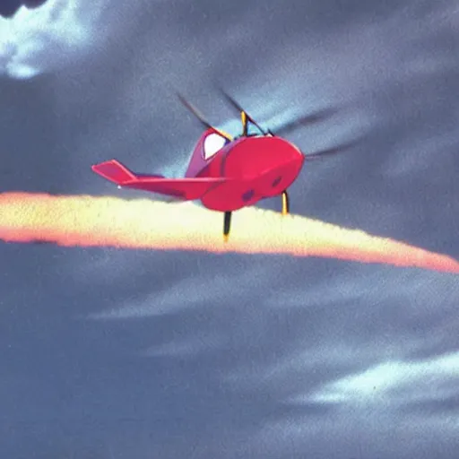 Image similar to “an animation still of a Tempest JN751 flying through the sky in the movie The Rescuers”