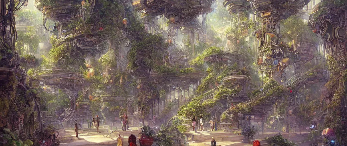 Prompt: A beautiful illustration of a retro futurism hanging garden full of people walking the pathways on another world by Daniel merriam | sparth:.2 | Time white:.5 | Rodney Matthews:.3 | Graphic Novel, Visual Novel, Colored Pencil, Comic Book:.2 | unreal engine:.3