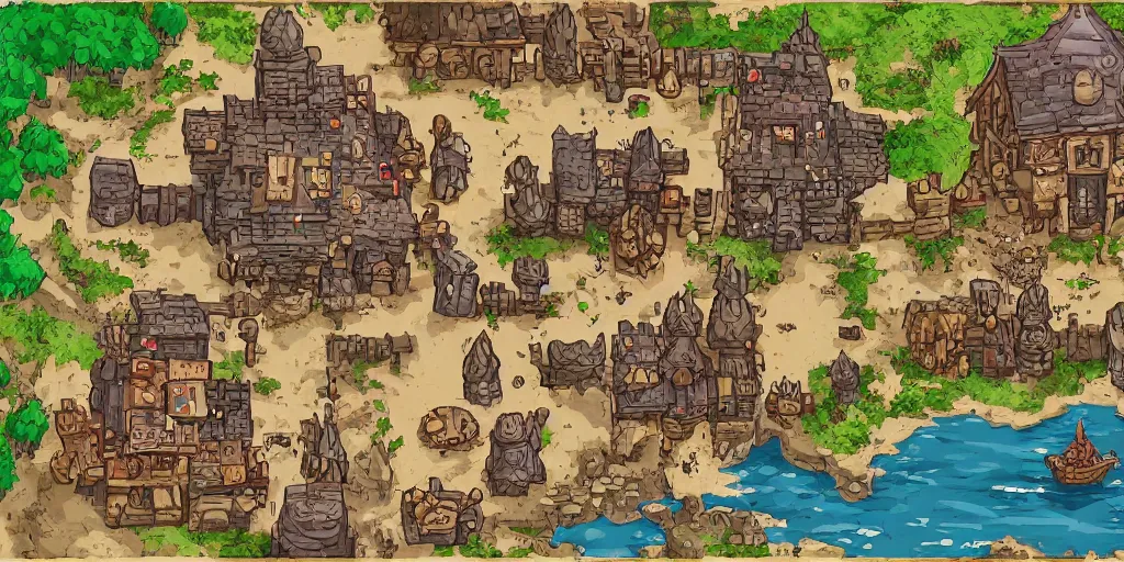 Image similar to A high detailed vector art presenting an aerial view of a cartoonish RPG tavern by dungeondraft, dofus, Patreon content, containing tables and walls, HD, straight lines, vector, grid, dnd map, map patreon, fantasy maps, foundry vtt, fantasy grounds, aerial view ,dungeondraft , tabletop, inkarnate, dugeondraft, roll20