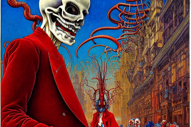 Image similar to realistic detailed closeup portrait painting of a single skeleton wearing red velvet blazer in a crowded futuristic moscow street by Jean Delville, Amano, Yves Tanguy, Alphonse Mucha, Ernst Haeckel, Edward Robert Hughes, Roger Dean, rich moody colours, blue eyes