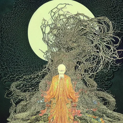 Prompt: simple concept art of, ‘ the old god ’. an award winning yoshitaka amano digital art poster, by james gurney and gerhard richter. art by takato yamamoto. masterpiece, deep colours.