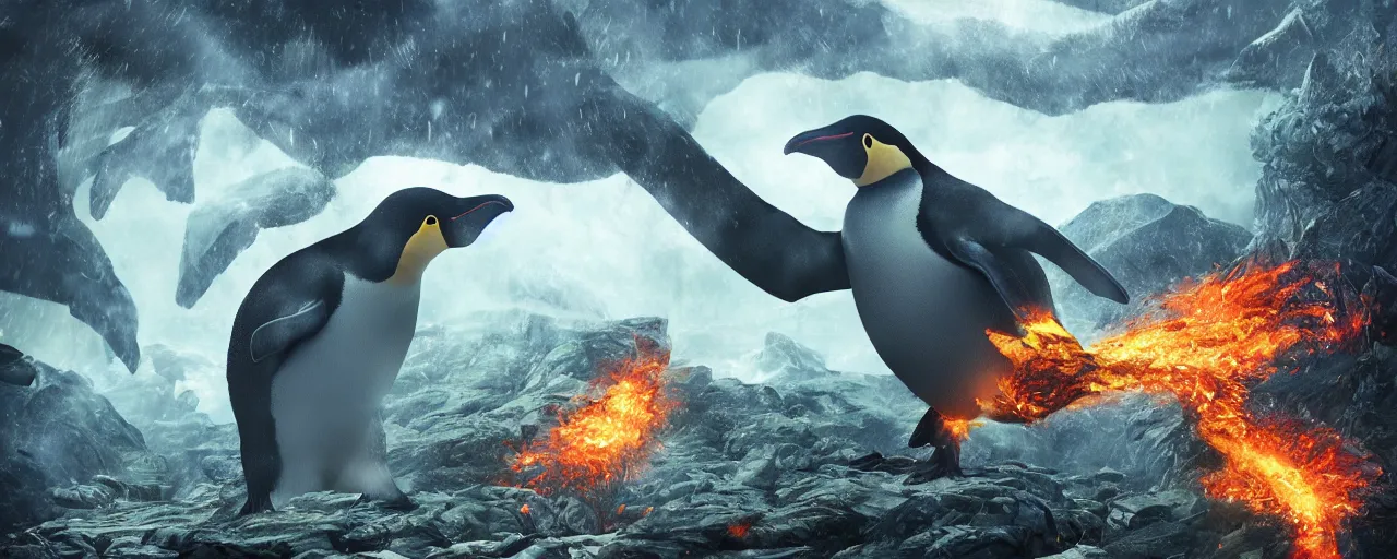 Prompt: a giant penguin breathing fire into a rainforest, large scale, breathtaking, mixed media, digital art, trending on artstation, 8k, epic composition, highly detailed, AAA graphics