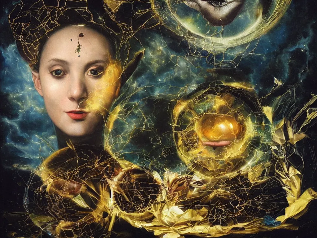 Image similar to hyperrealistic still life painting of a beautiful goddess with her third eye blasting open a portal into a new dimension, deep space, wrapped in fabric and gently smiling, surrounded by refracting prisms in a tesseract, by Caravaggio, botanical print, beautiful plants, surrealism, vivid colors, serene, golden ratio