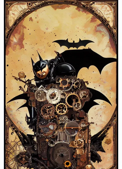 Image similar to !!!!! very coherent!!!!! oil painting, steampunk batman illustration detailed patterns, bats pop art, bats splash painting, bats, art by ashley wood, alphonse mucha, makoto shinkai, geof darrow, dark shadow