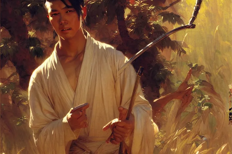 Image similar to wuxia, summer, attractive male, painting by gaston bussiere, craig mullins, j. c. leyendecker