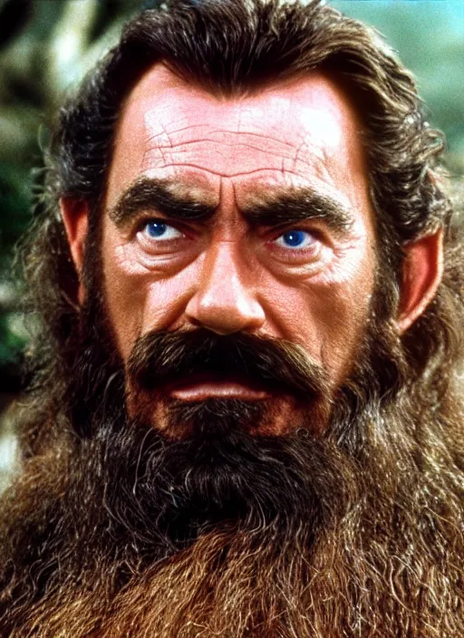 Prompt: film still of tom selleck as gimli in lord of the rings, 4 k