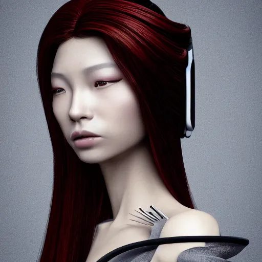 Image similar to closeup portrait of an absurdly beautiful, graceful sophisticated, fashionable cyberpunk mechanoid gravure idol, young asian woman, rich queen, ruler of the world, shoulder length hair, sci fi jewelry, an ultrafine hyperdetailed illustration by irakli nadar, matt wisniewski style, intricate linework, porcelain skin, unreal engine 5 highly rendered, radiant light