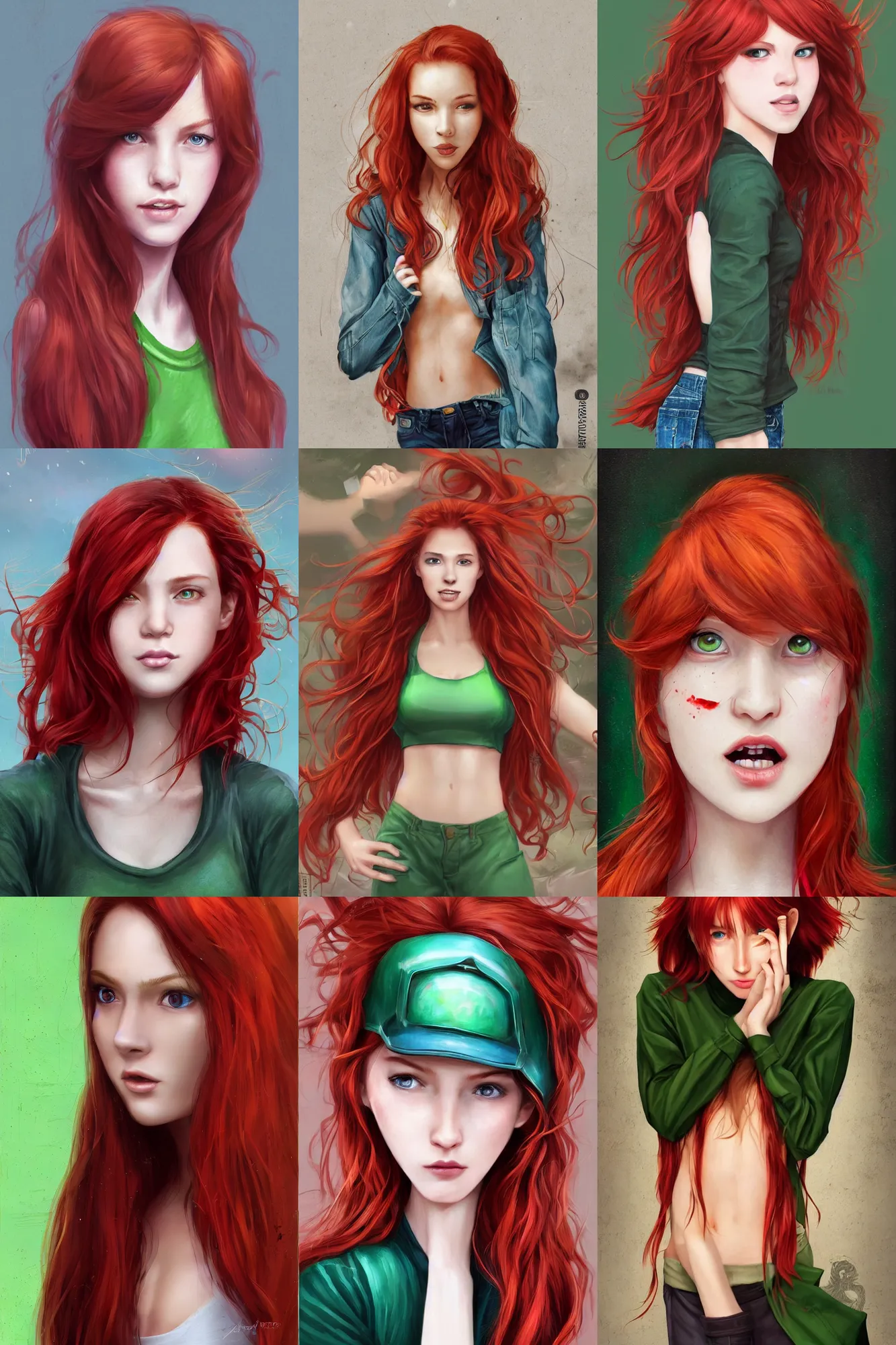 Prompt: beautiful cute red haired joyful and playful nineteen year old maiden standing up in casual green clothing, modern city, long hair, attractive face and body, rpg character, sci - fi, fantasy, intricate, elegant, digital painting, artstation, concept art, smooth, 8 k frostbite 3 engine, ultra detailed, art by artgerm, magali villeneuve