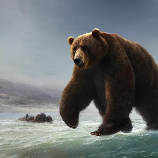 Prompt: Giant bear coming out of the sea rearing up from the side , digital Art, Greg rutkowski, Trending artstation, cinematographic, hyperrealistic