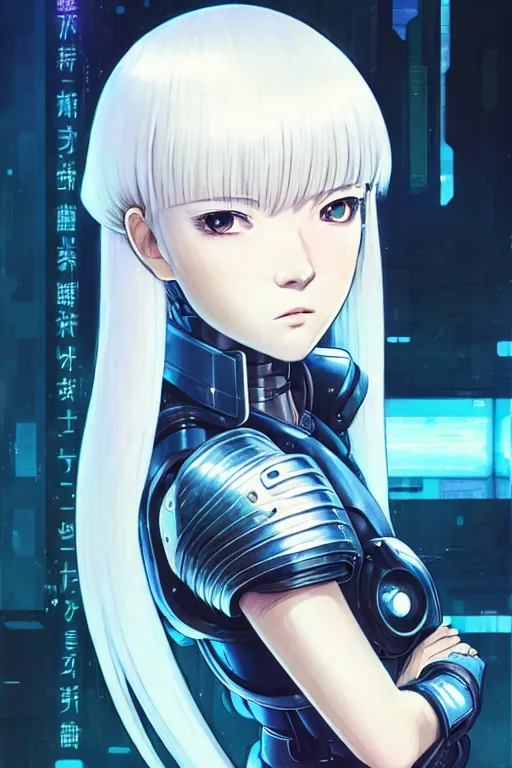 Image similar to portrait Anime girl in cyberpunk armor, cute-fine-face, white-hair pretty face, realistic shaded Perfect face, fine details. Anime. realistic shaded lighting by Ilya Kuvshinov katsuhiro otomo ghost-in-the-shell, magali villeneuve, artgerm, rutkowski, WLOP Jeremy Lipkin and Giuseppe Dangelico Pino and Michael Garmash and Rob Rey