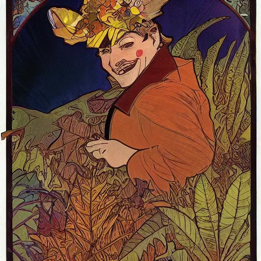 Image similar to a highly detailed portrait of cartoon tiger, sweating and flapping fan, autumn leaves on the ground, concise lines, ultradetailed environment, sharp focus, cinematic lighting, by alphonse maria mucha and kim jung gi