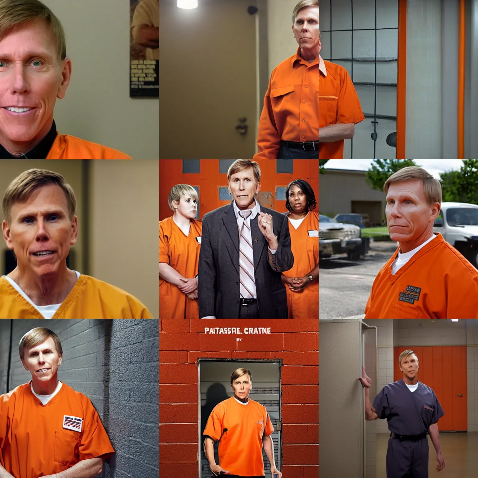 Prompt: pastor kent hovind in orange prison uniform, still from orange is the new black