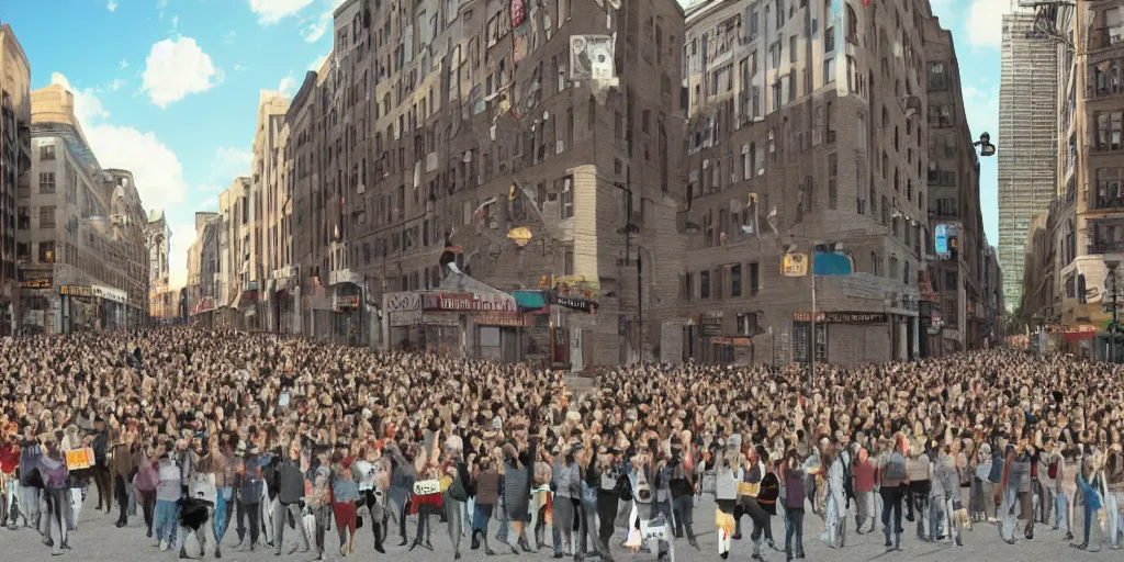 Image similar to a crowd of cats protesting in a busy street, 3d detailed, digital art